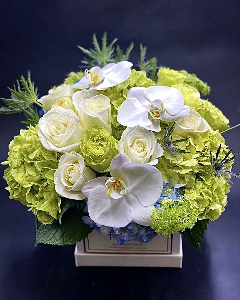 White roses and orchids arranged with lime hydrangeas in a box