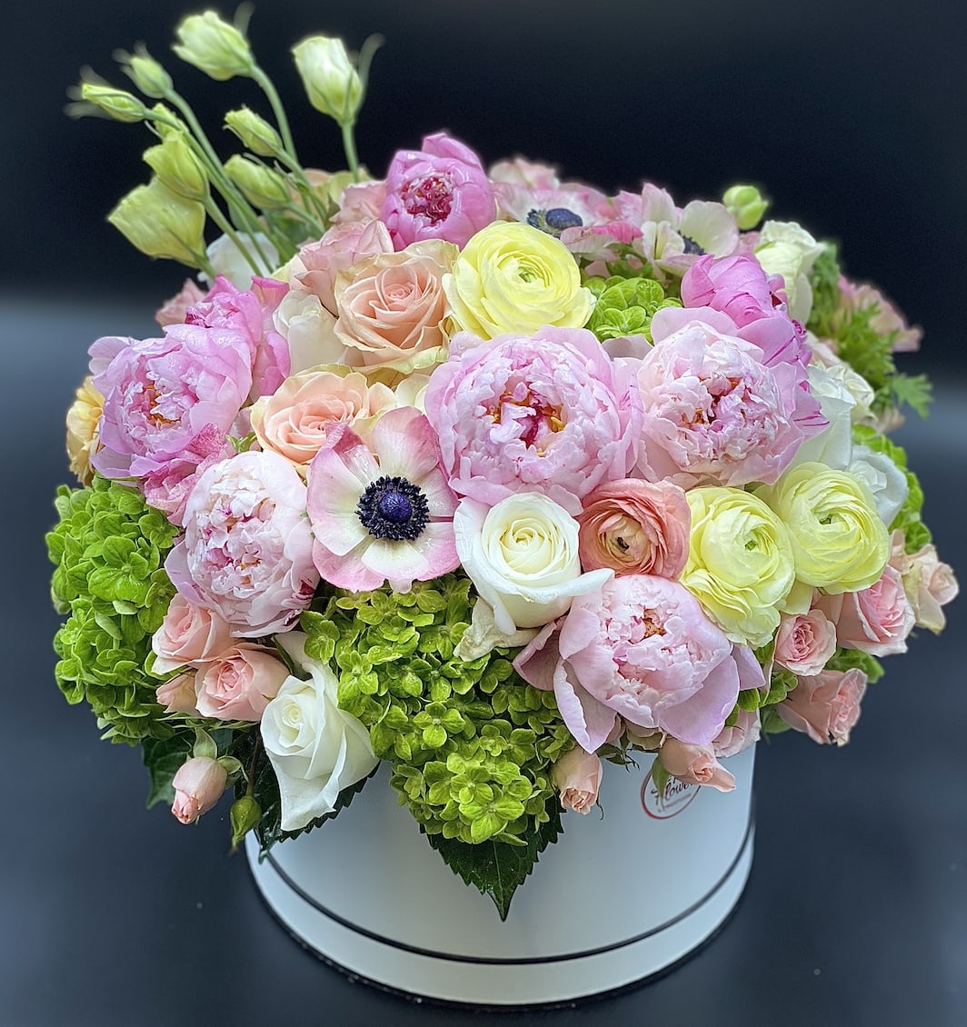 Round box arrangement of pink and cream flowers with bright green hydrangeas