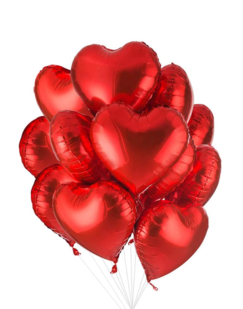 Cluster of red heart-shaped balloons on white background