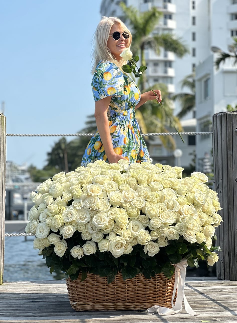 Large basket of cream roses with a white ribbon