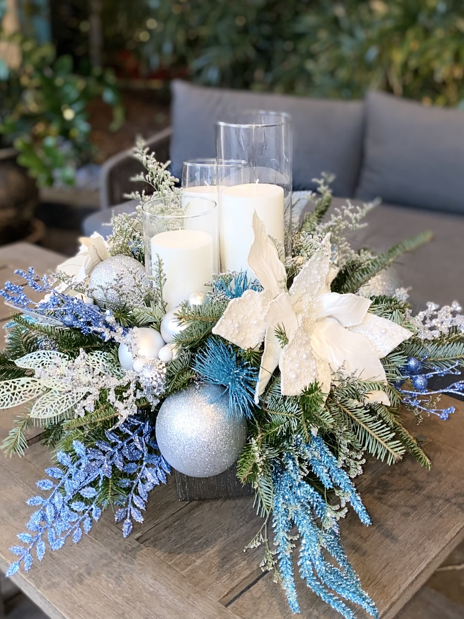 Christmas mood - Christmas tree brunches, candles, Christmas ornaments. 