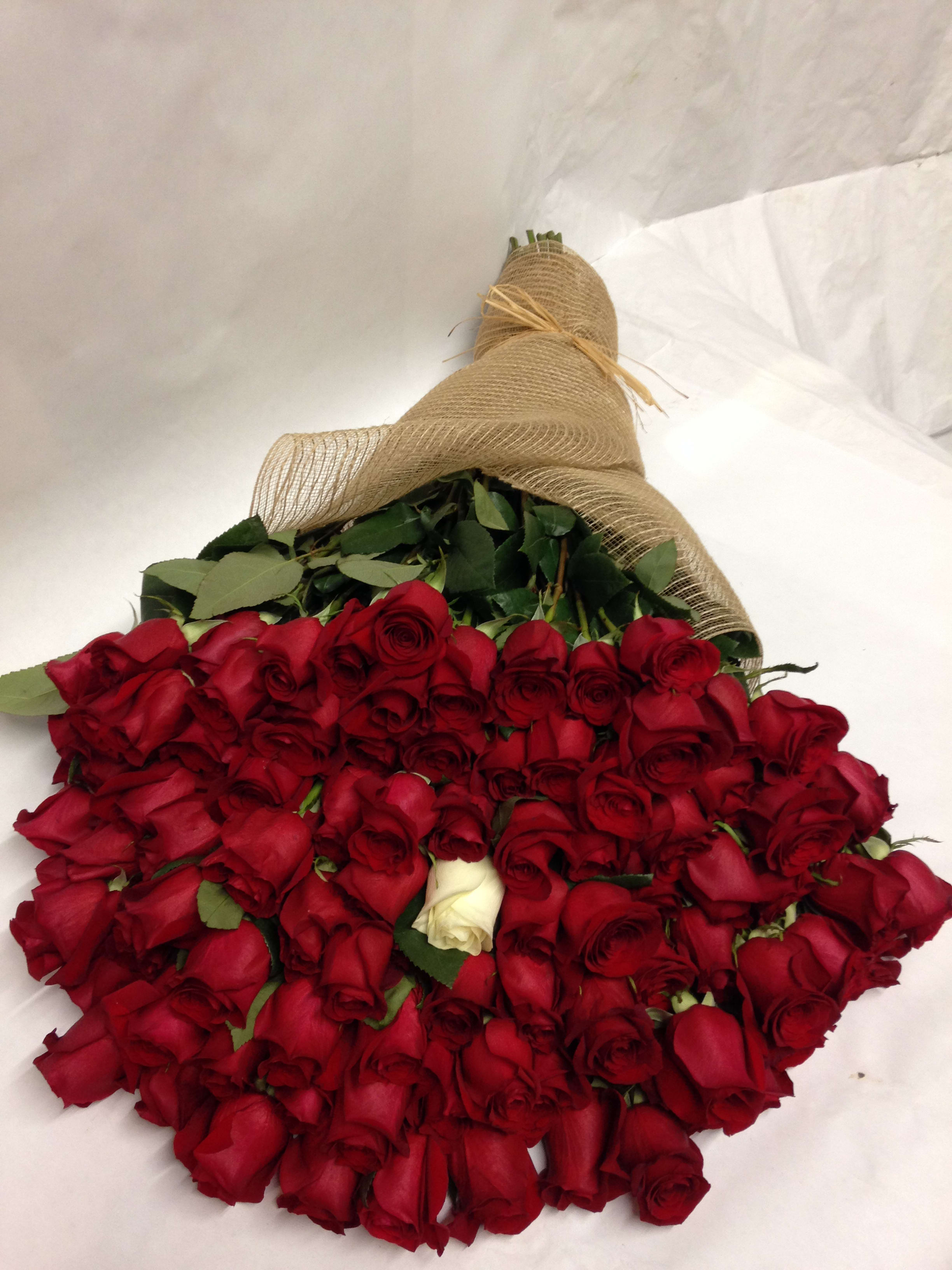 Large bouquet of red roses wrapped in burlap with one white rose