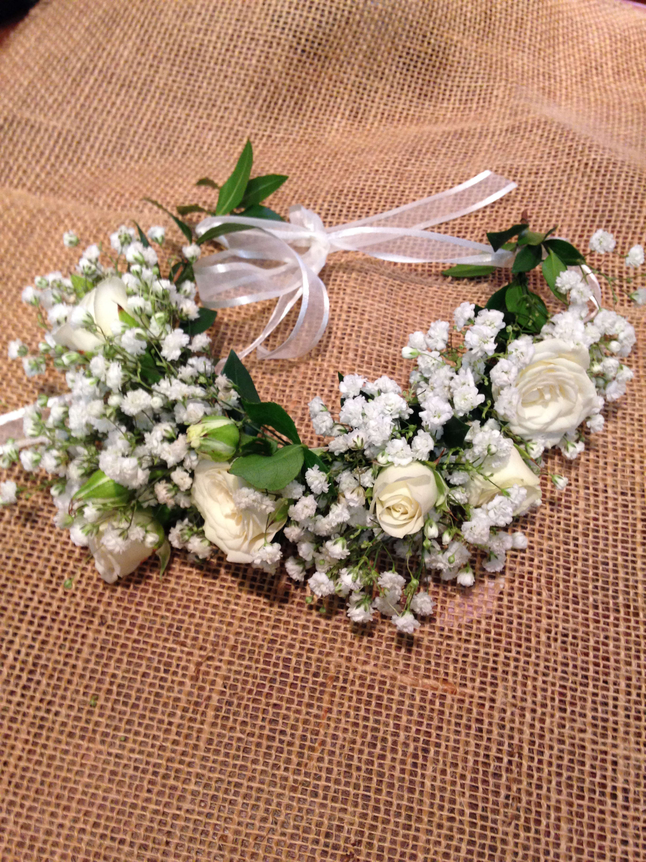 White rose floral crown with baby's breath and ribbon ties