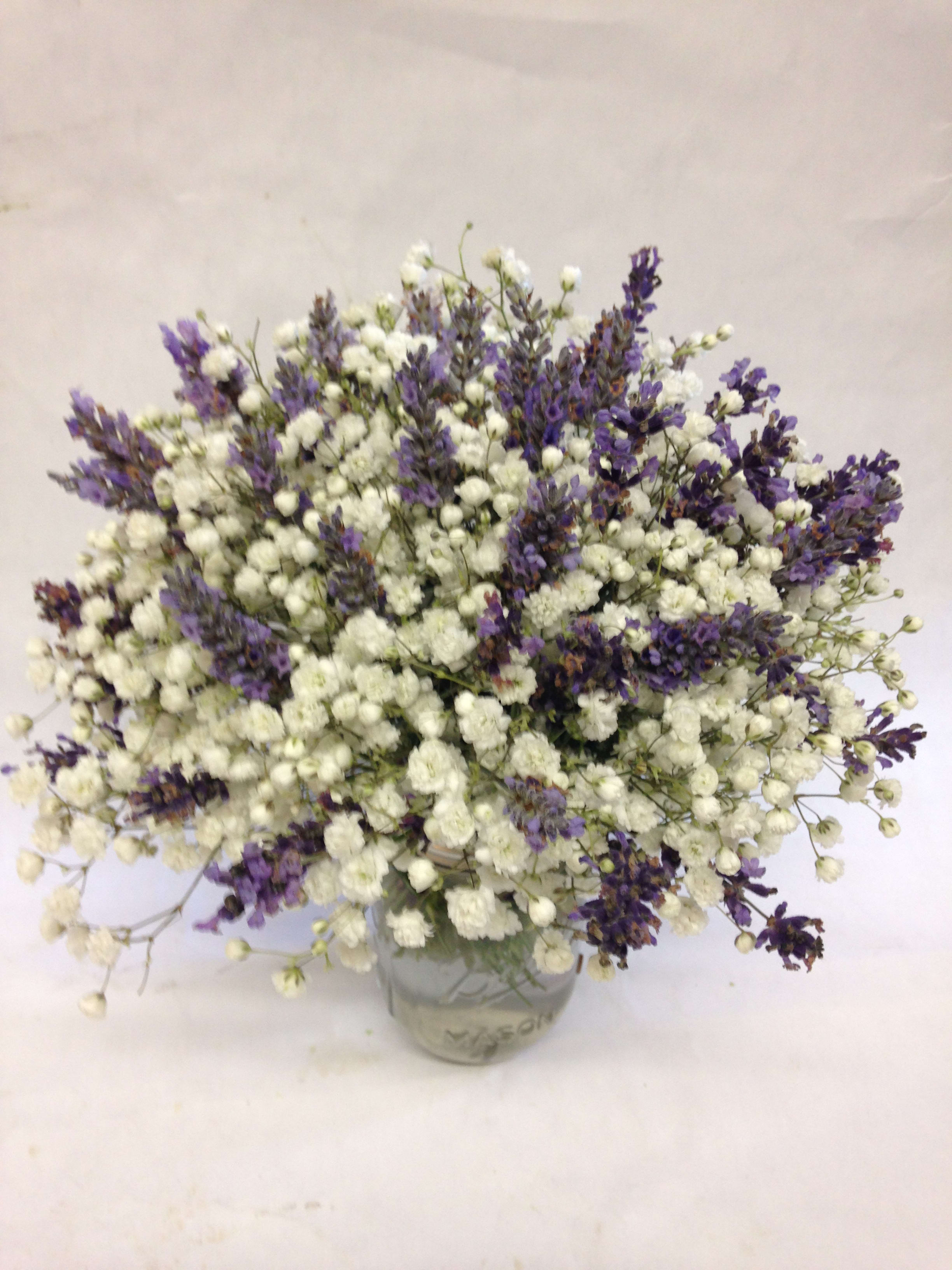 White and purple baby's breath arrangement in a glass vase
