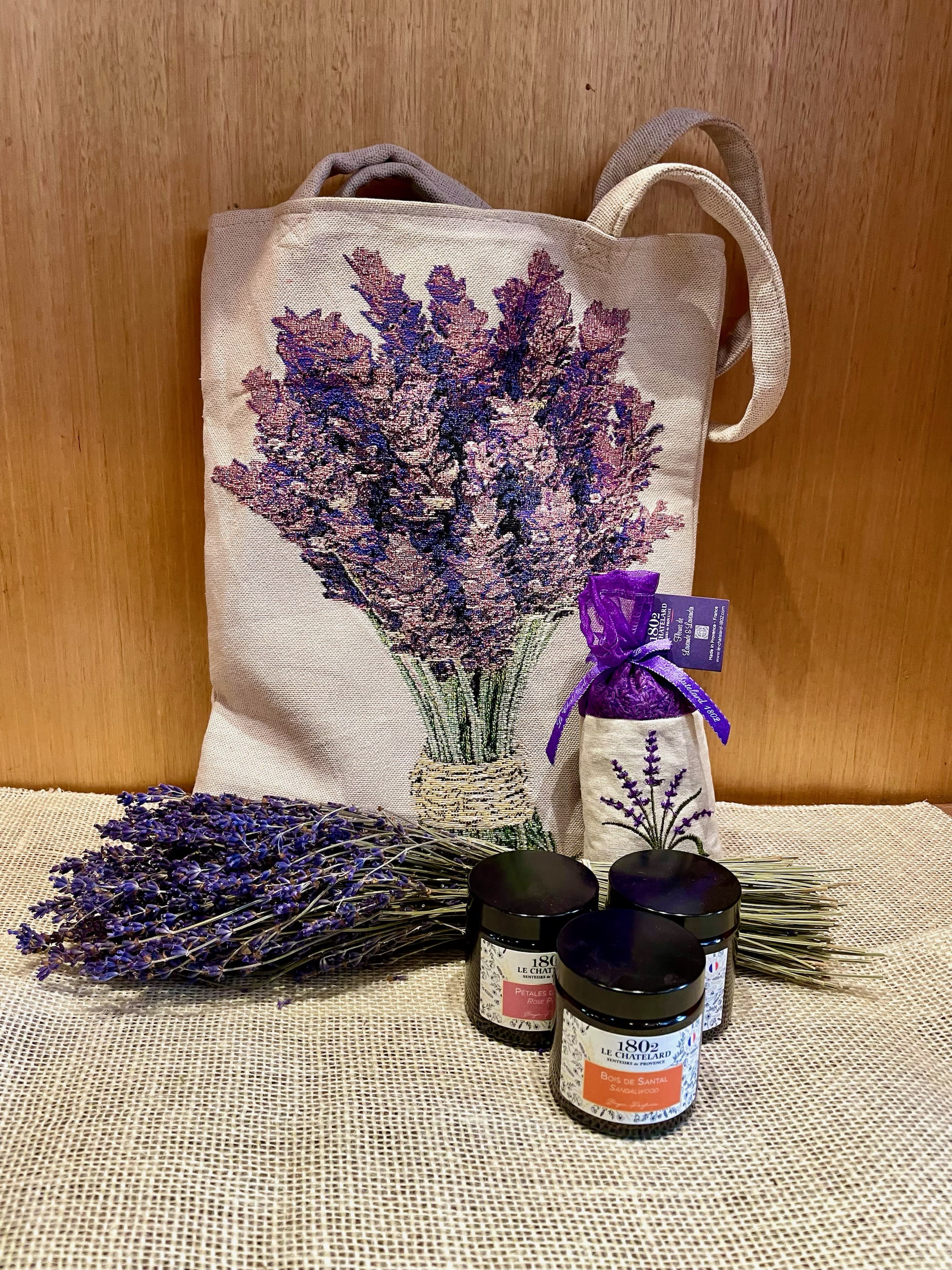 Lavender gift set with a tote bag, dried flowers, and scented jars