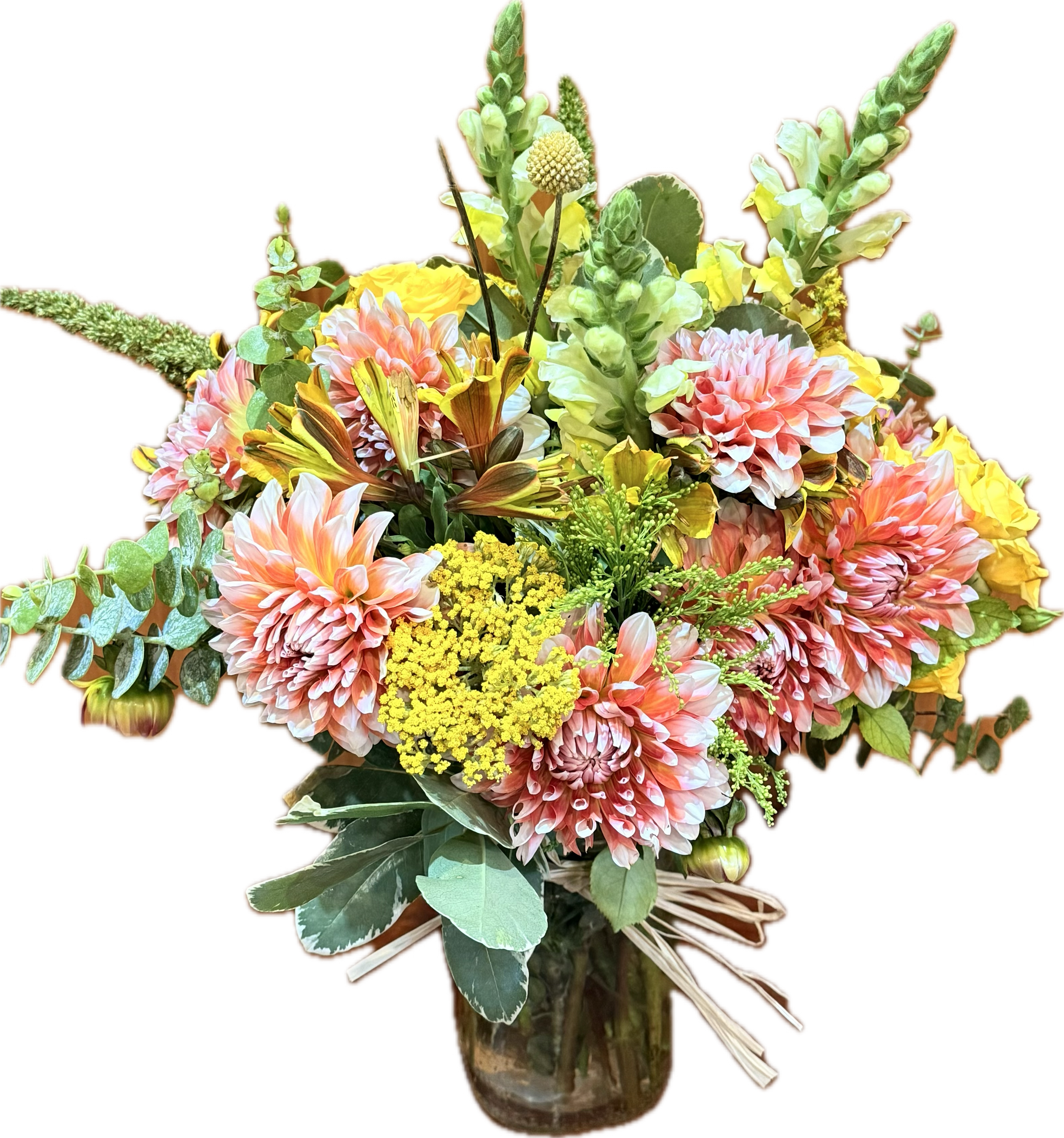 Golden sunrise - Bring a burst of joy and sunshine into any space with our Golden Sunrise arrangement — a vibrant blend of peach, yellow, and soft green tones designed to uplift and inspire. Lush peach dahlias and golden roses pair beautifully with playful billy balls, delicate yellow yarrow, and airy snapdragons, creating layers of texture and movement. Accented with alstroemeria and fresh eucalyptus foliage, this design captures the warmth of a golden morning in full bloom.    Perfect for birthdays, celebrations, or simply brightening someone’s day, Golden Sunrise is a cheerful statement piece that radiates natural beauty and elegance.   (Some flowers may be subject to change depending on the season. We will contact you with available flower substitutions; please contact us with specific questions if you are concerned with flower availability, thanks!) Featured arrangement: $75.75 (Regular Price)