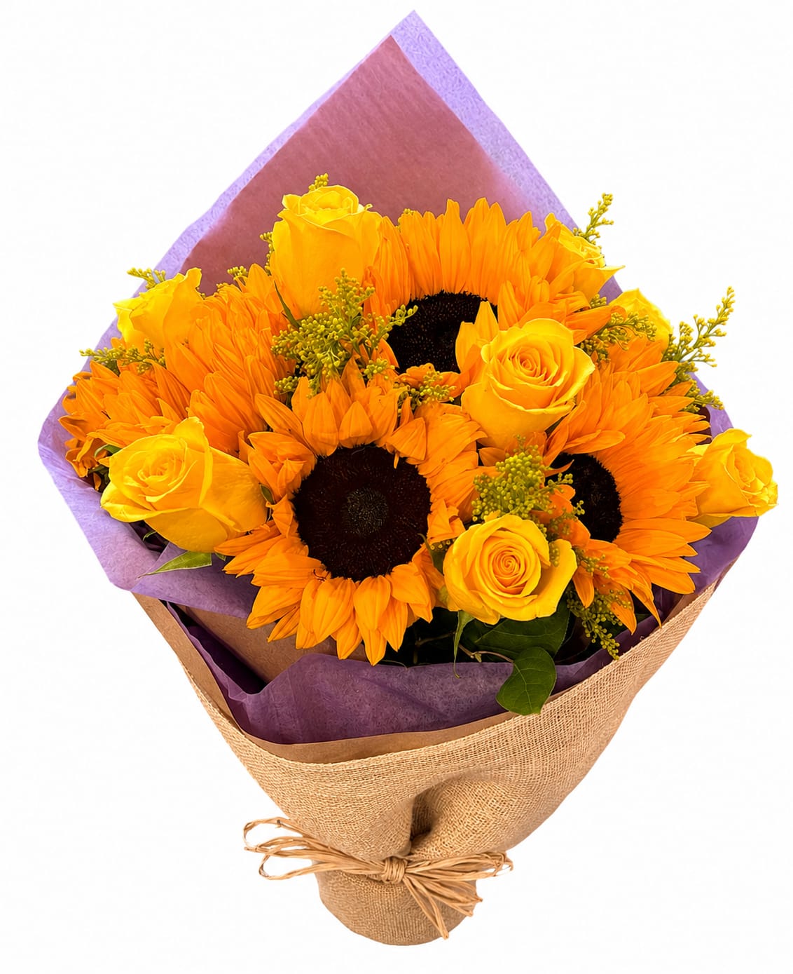 Sun-Kissed Celebration - Bright and joyful, this radiant bouquet features golden sunflowers, sunny yellow roses, delicate golden filler blooms, and fresh greenery wrapped in rustic burlap and soft lavender tissue. Bursting with warmth and happiness, it’s the perfect gift to celebrate birthdays, congratulations, friendship, or simply brighten someone’s day.