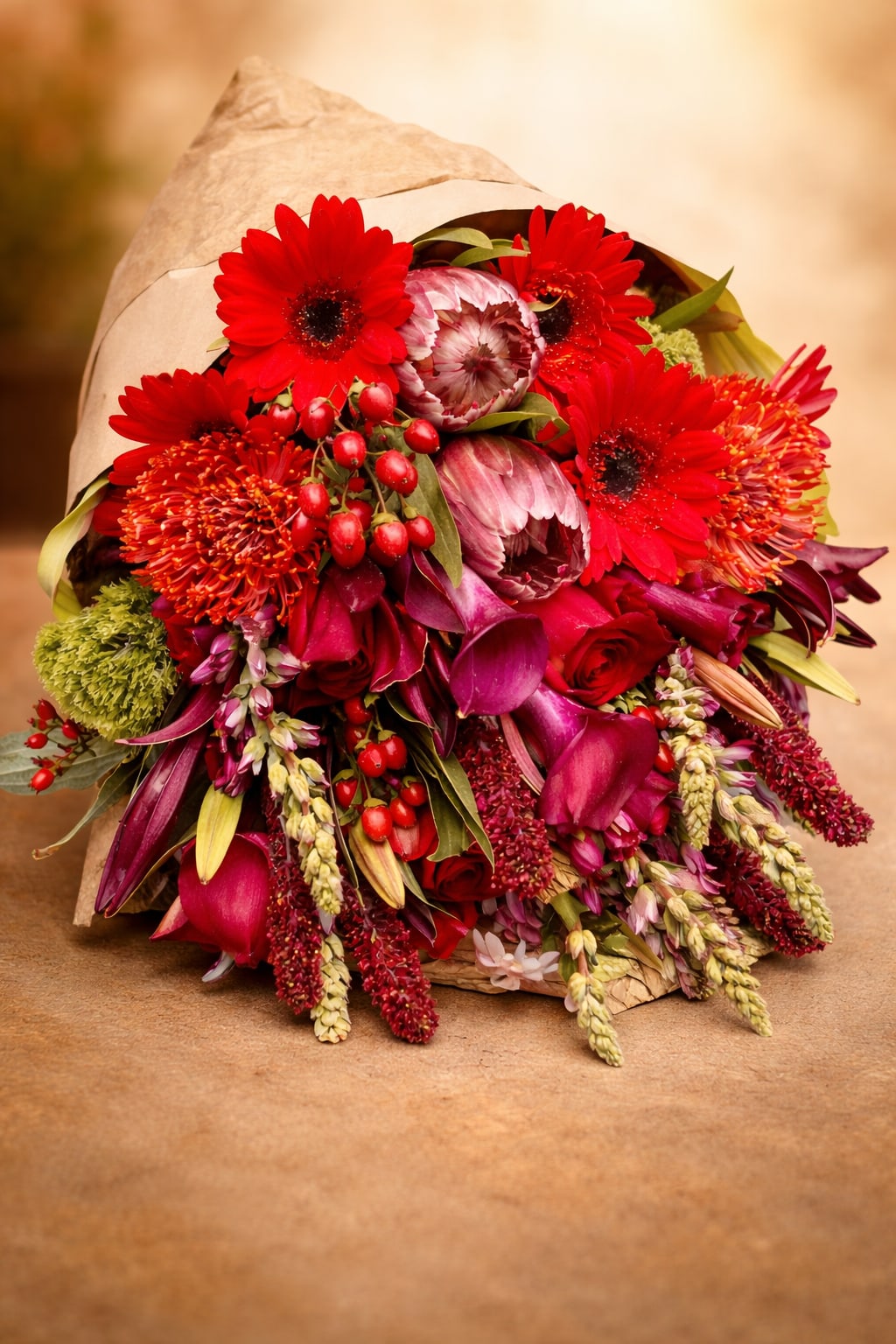 Bouquet of red and pink flowers wrapped in brown paper