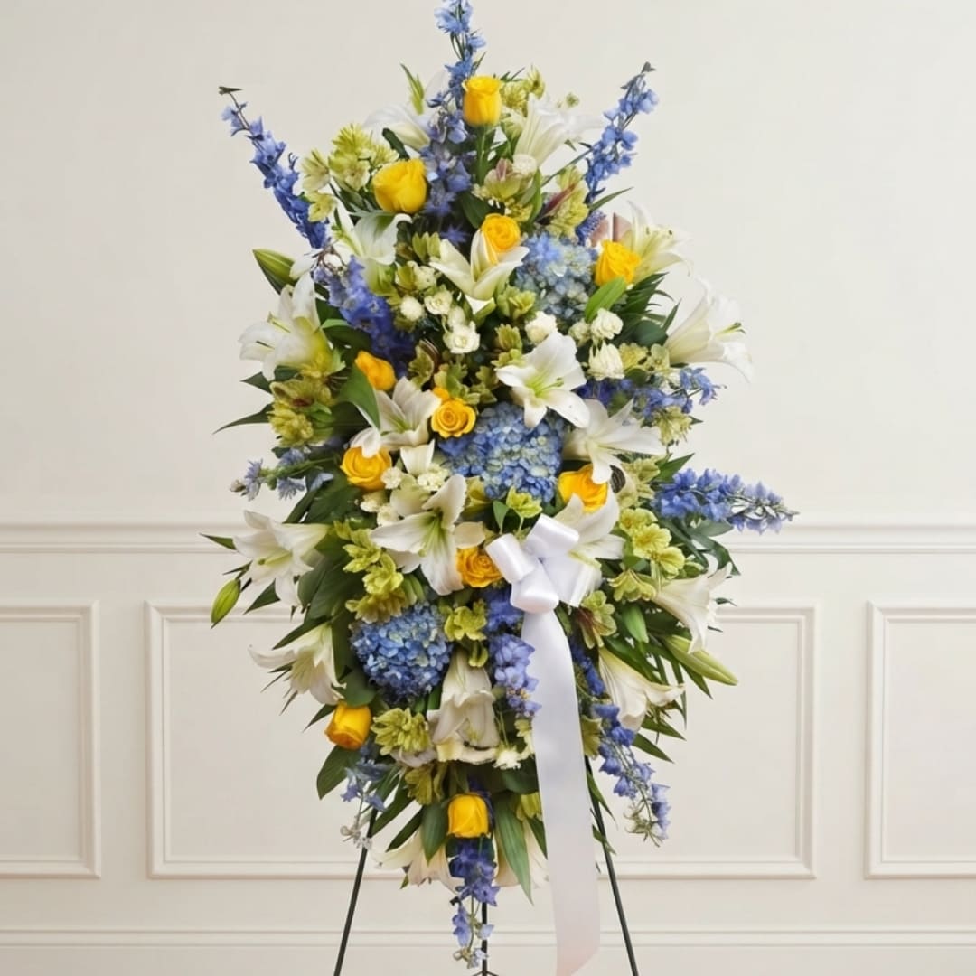 Standing floral spray with white lilies, blue flowers, and yellow roses on a white ribboned easel