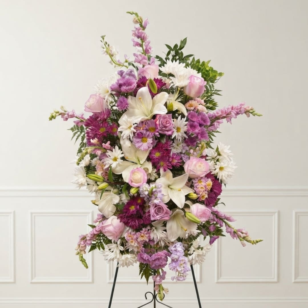 Pink and white floral standing spray on an easel