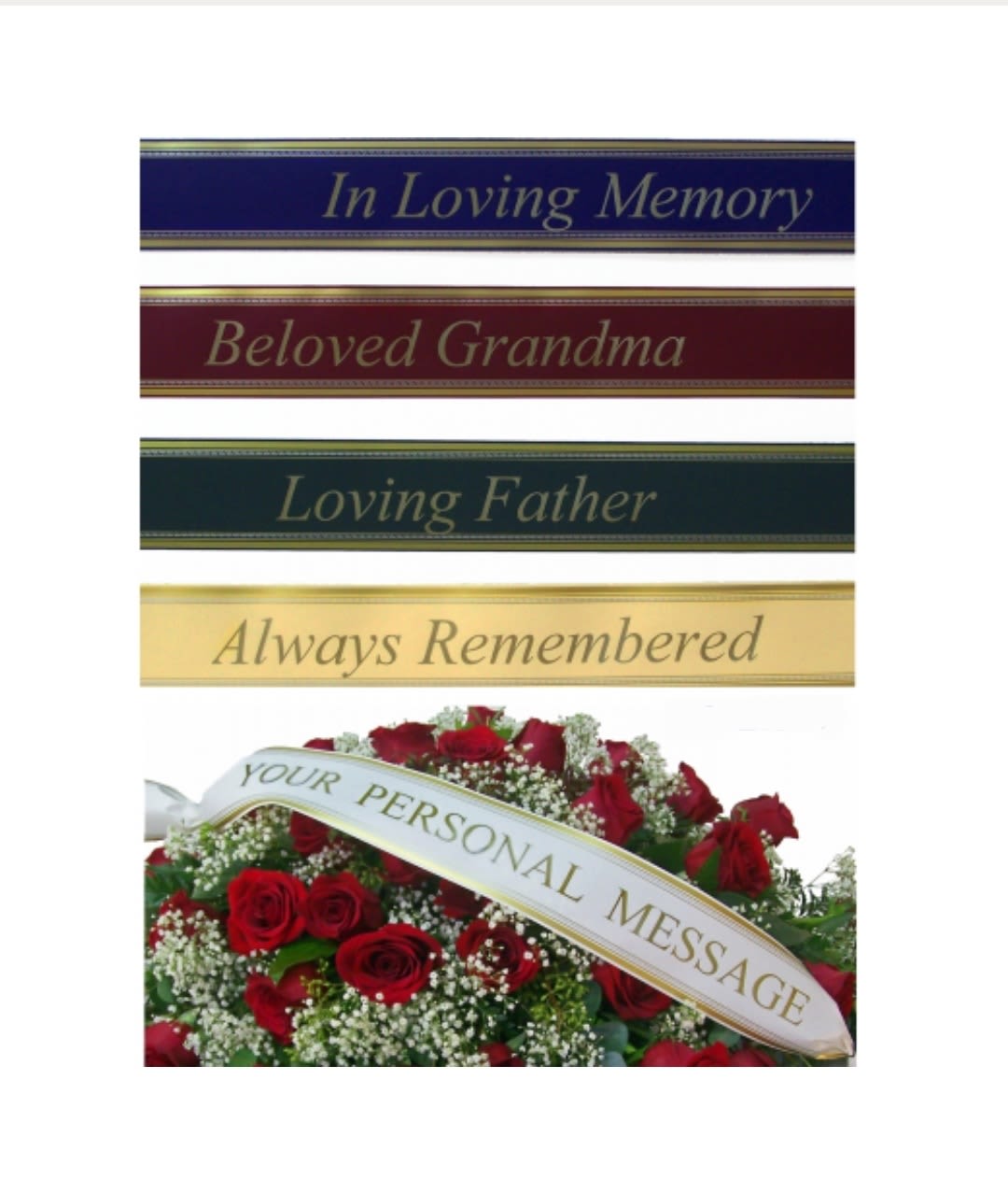 Red rose funeral arrangement with memorial ribbon