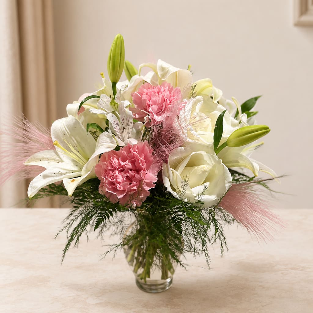 Pink carnations and white lilies in a clear glass vase