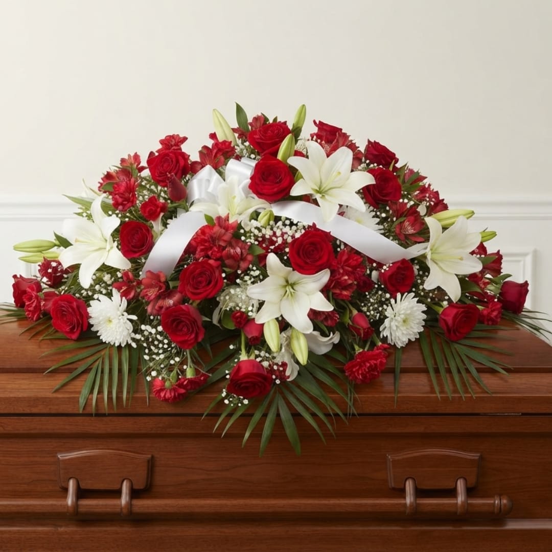Red and white floral casket spray with roses and lilies