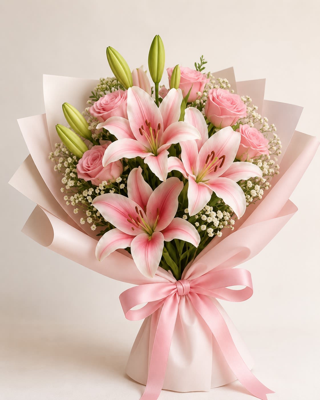 AZUCENA Pink Roses and Lilies - Pink lilies open wide above soft pink roses in this romantic bouquet-an ideal birthday bouquet or anniversary flowers for the person you want to make feel cherished. The combination of tall, fragrant lilies and rounded rose blooms creates an elegant, feminine silhouette that reads immediately as a gift for love, Mother's Day, or any celebration that calls for tenderness and warmth.  Each hand-tied arrangement pairs large pink lilies, blush roses and delicate white filler flowers, wrapped in pale pink or blush paper and finished with a wide pink satin ribbon for a polished presentation. Some versions are offered with added decorative touches-pearl garlands, gold butterfly ornaments, or a white ribbed cylindrical vase-so you can choose a softer handheld bouquet or a luxe kept-piece. The mix of open blooms and buds keeps the bouquet looking lush and fresh; order same-day delivery when available to ensure the lilies are at their most dramatic and fragrant.