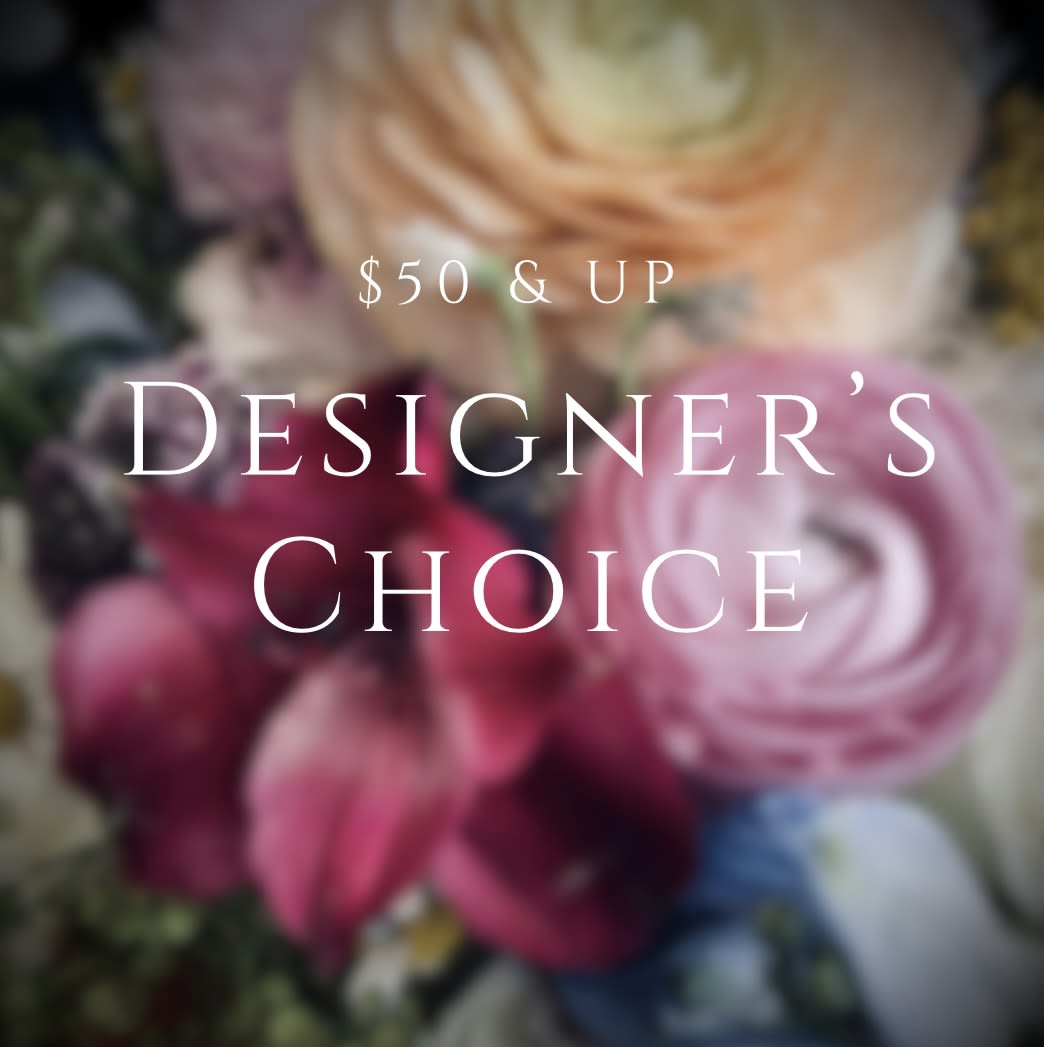 Blurred bouquet of pink, peach, and white flowers with designer's choice text