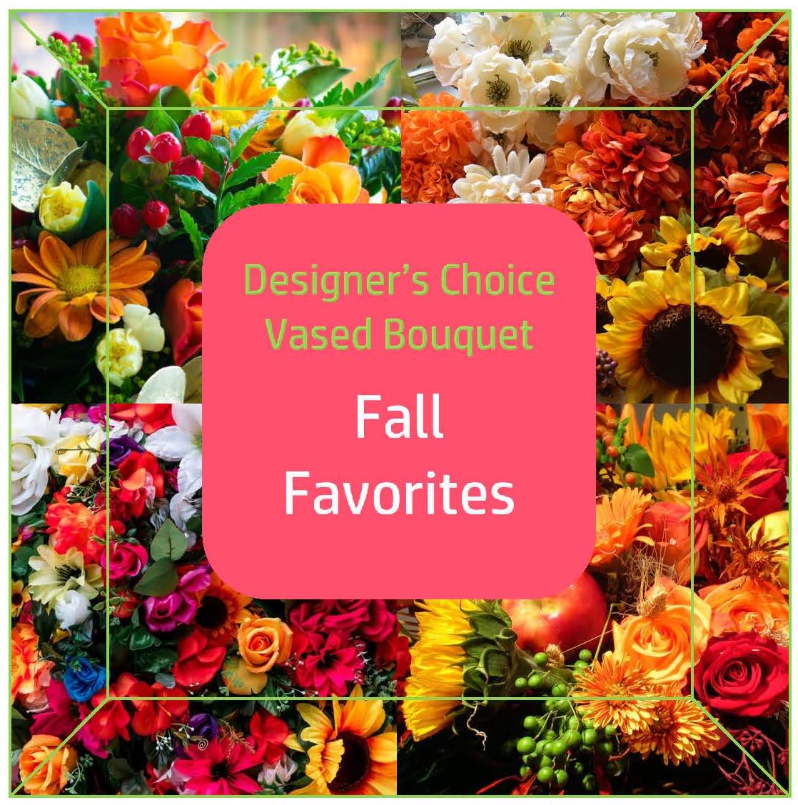 Fall-themed bouquet collage with sunflowers, roses, and mums around a pink title panel