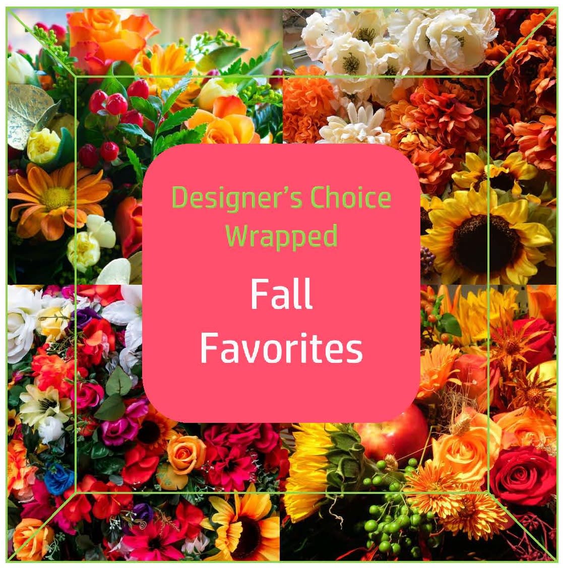 Fall-themed collage of mixed flowers with a central pink label