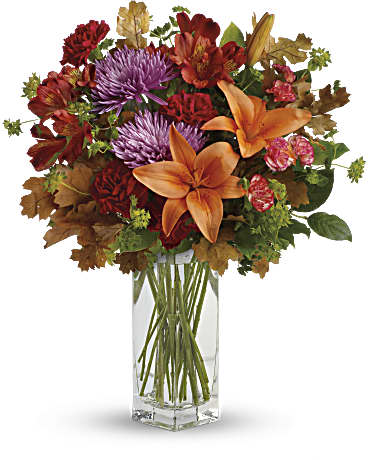 Fall Brights Bouquet - Brighten any fall day with this colorful array! Gorgeous orange lilies arranged with red and lavender blooms are sure to make someone smile! Approximately 17 1/2 inches wide and 20 1/2 inches tall for the Standard size.