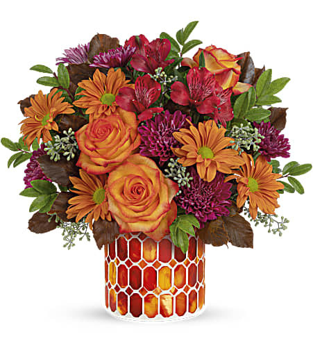 Resplendent Fall Bouquet - Like falling leaves, each piece of this fabulous stained glass mosaic vase is a unique reflection of autumnal beauty. It bursts with radiant fall roses for a seasonal gift they won't soon forget. Approximately 14 inches wide and 13 inches tall for the Standard size.