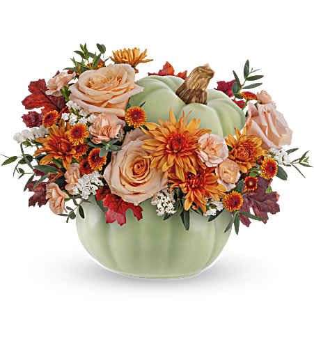 Harvest Magic Bouquet - Harvest the magic of this charming sage pumpkin and its gorgeous seasonal flowers! Built to last, this ceramic sage pumpkin is food safe, and comes with a lid for all those seasonal treats! Approximately 14 1/2 inches wide and 11 inches tall for the Standard size.