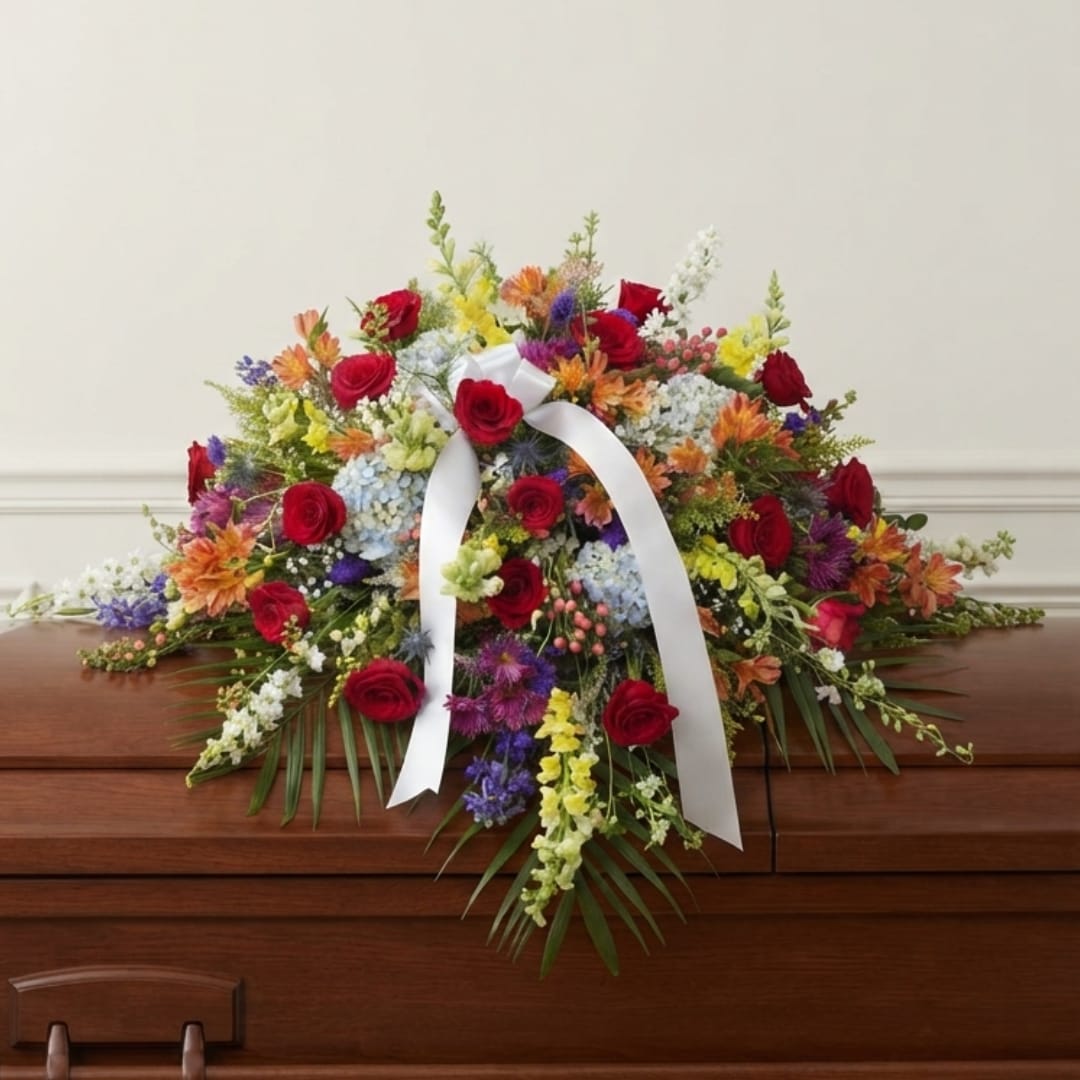 Colorful floral casket spray with red roses and a white ribbon