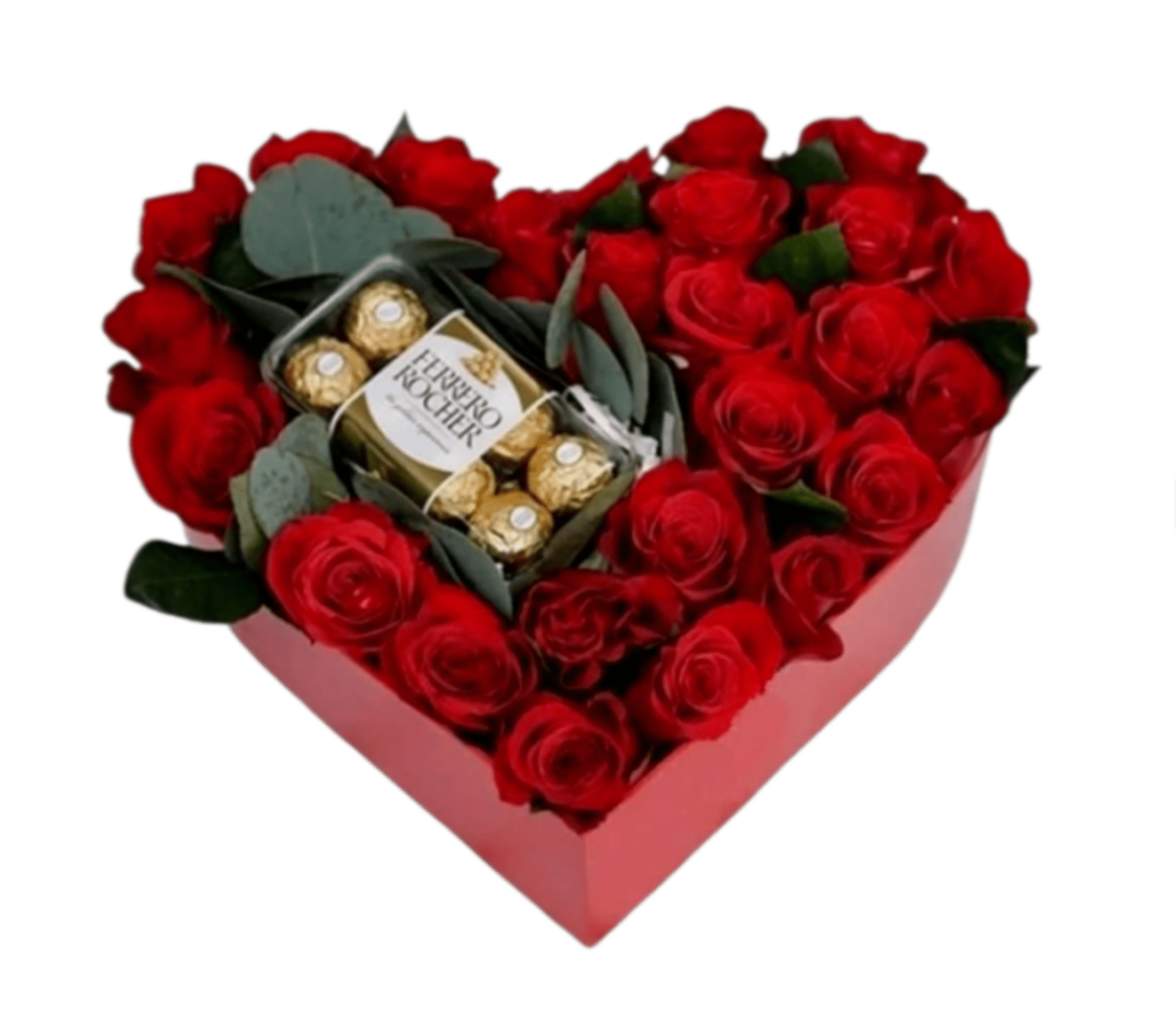 RED ROSES IN A HEART BOX WITH CHOCO - A lush cluster of tightly packed red roses arranged inside a pink heart-shaped box creates an unmistakably romantic birthday bouquet or anniversary gift that reads as both classic and celebratory. The rich red blooms against the soft pink container and dark green foliage deliver immediate visual impact-she'll feel cherished the moment she sees it, whether you're marking Valentine's Day, an anniversary, or a special birthday.  At the center of the arrangement a small box of Ferrero Rocher chocolates is nestled among the roses, turning the piece into a sweet keepsake as well as a floral gift. The composition is finished with decorative wrap around the heart-shaped box; the dense, short-stemmed design keeps the roses looking full and luxurious while the foliage frames each bloom for contrast and depth.  Ideal for a romantic partner or someone you want to make feel truly celebrated, this boxed rose arrangement arrives ready to present-no additional vase required. The compact heart box makes it easy to display on a bedside table or mantel; keep flowers in a cool spot away from direct sunlight and refresh water per any enclosed care note for best longevity.