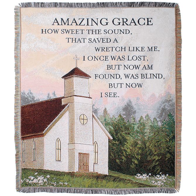 Tapestry with a church and the words "Amazing Grace"