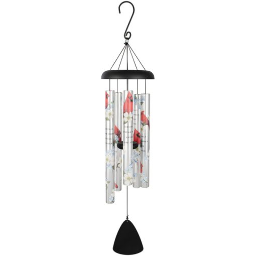 Cardinals Appear 38" Picturesque Sonnet Windchime - Our Picturesque Sonnet Chimes feature powder coated aluminum construction and UV printed tubes with industrial cord. 5 heavy walled tubes that emit gentle tones that are pleasing to the ear. 1 1/4" Diameter Tubes – Adjustable Striker  Chime Tubes Read: "Cardinals appear when angels are near."  L: 38"