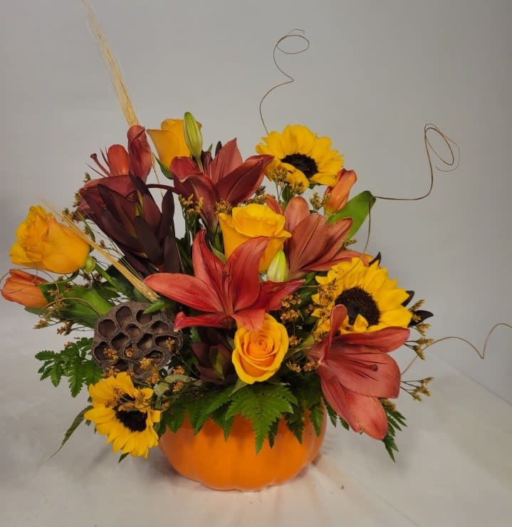Spiced Sunset Pumpkin  -  Bright and cheerful fall sunflowers bursting out of an adorable decorative pumpkin container. This unique Sunny Fall Pumpkin garden is the perfect pick-me-up for a friend or loved one in need of a smile. 10" Tall 