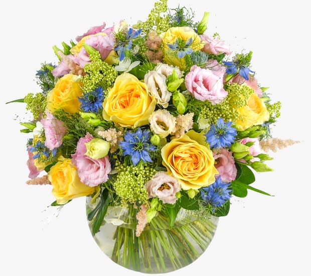  Touch of sunshine  bouquet - An exuberant bouquet of flowers that is assured to bring a touch of sunshine into your loved one’s life with our stunning  garden roses. The refreshing tones of the Buttercup roses are complimented with Lisianthus, sky blue Nigellas, stunning Astils and a range of other complimentary flower fillers. A perfect gift for just about any occasion.