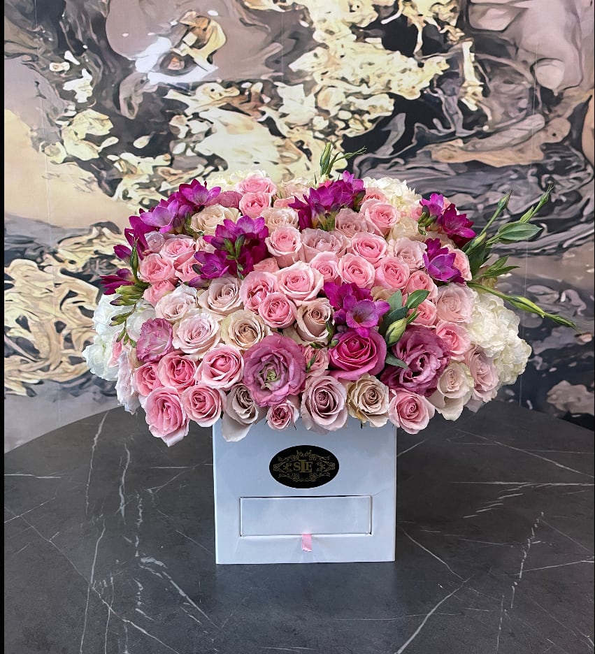 Large bouquet of pink and white roses in a white box