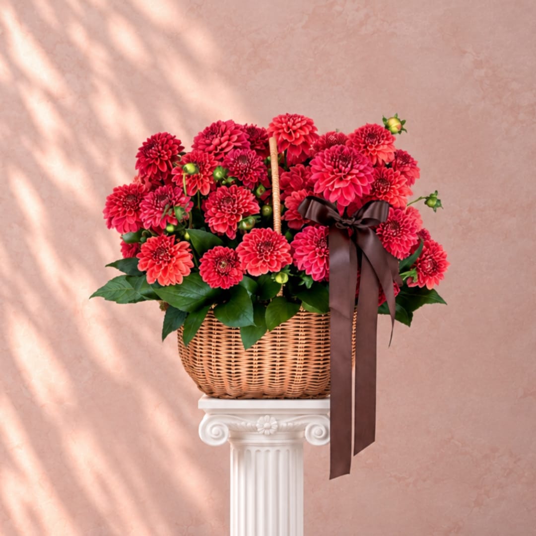 Basket of bright red dahlias with a dark ribbon on a pedestal