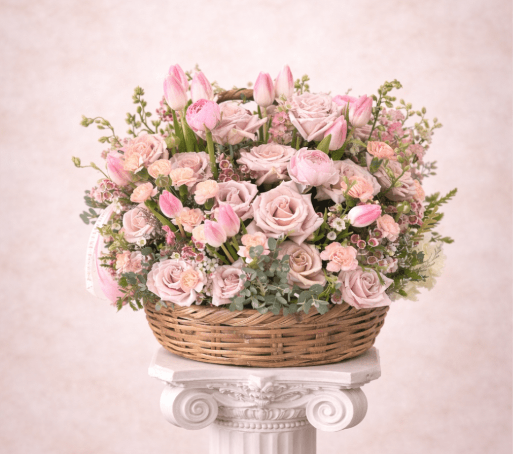 Pink roses and tulips arranged in a wicker basket