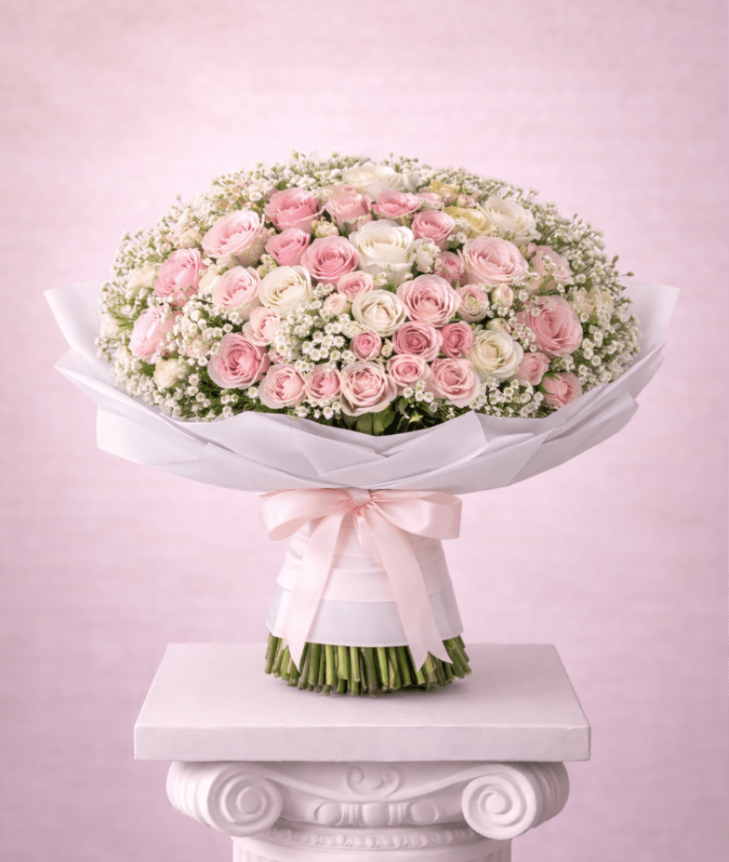 Large bouquet of pink and white roses wrapped in white paper with a ribbon