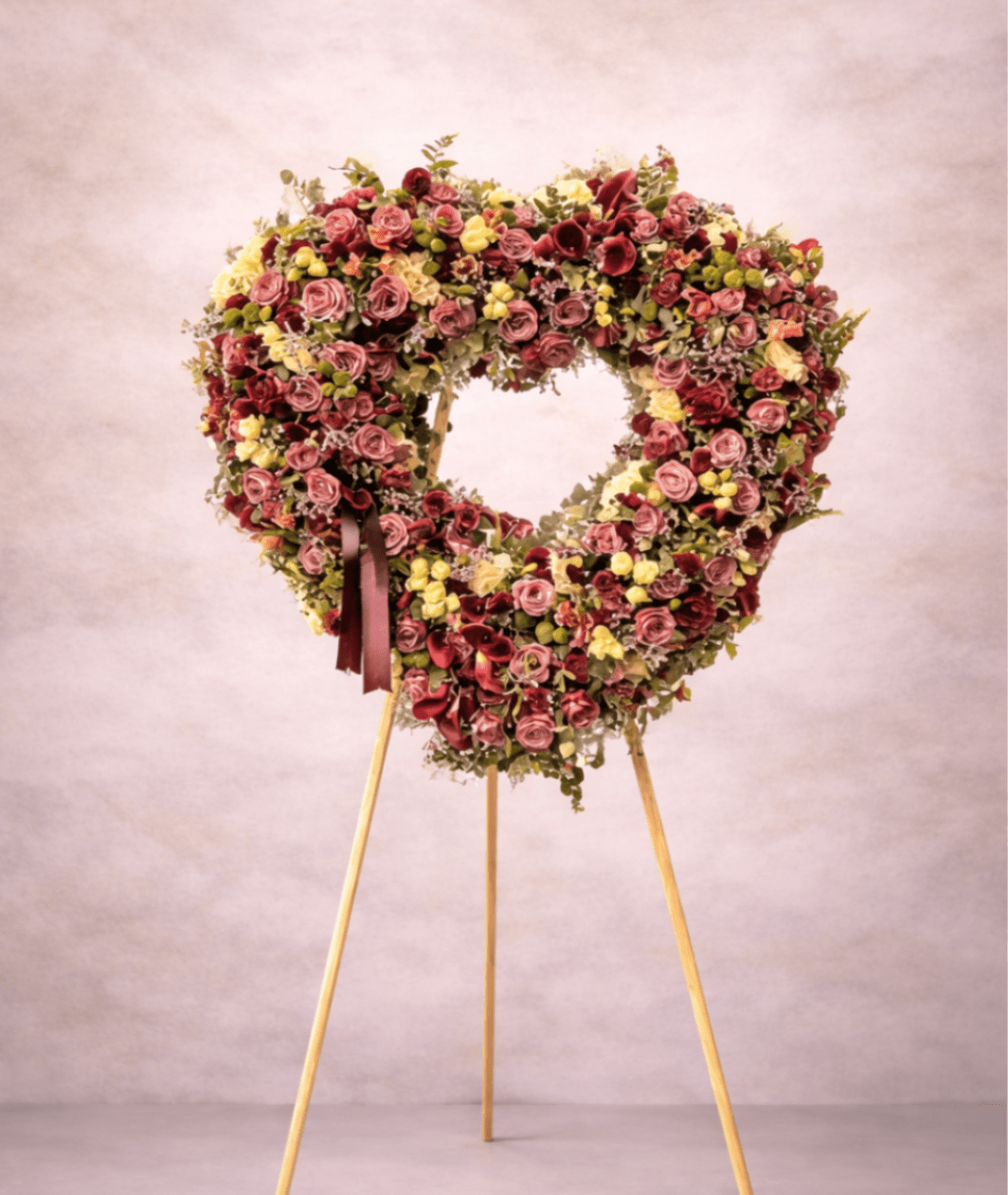 Heart-shaped standing wreath of mauve and yellow flowers on a wooden easel stand