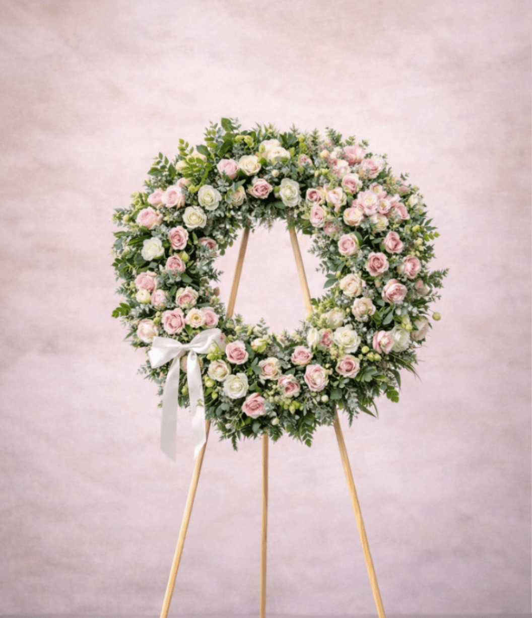 Standing round wreath of pink and white roses with a white bow on a wooden easel