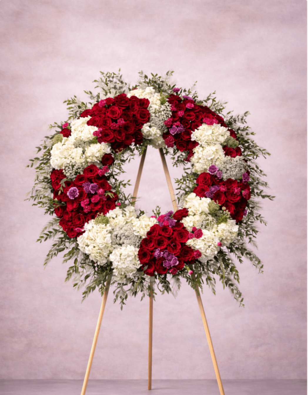 Large standing wreath of red and white flowers with greenery on a wooden easel.