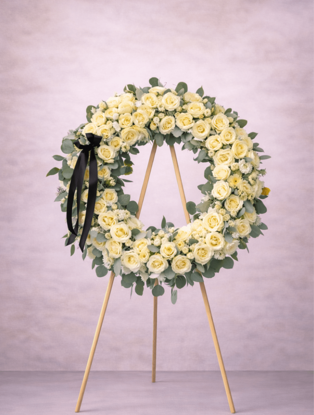 Large round wreath of pale yellow roses on a wooden easel with a black ribbon.