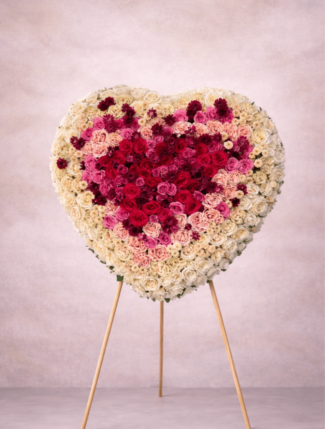 Large heart-shaped standing arrangement of red, pink, and cream roses on a wooden easel.