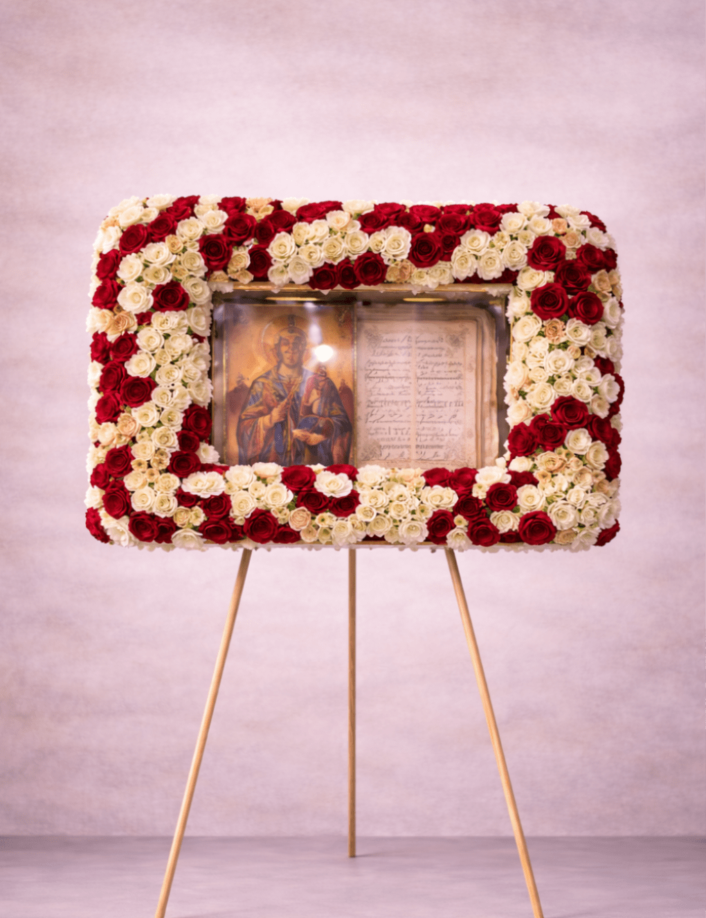 Tall standing rectangular wreath of red and white roses framing a religious icon on an easel.