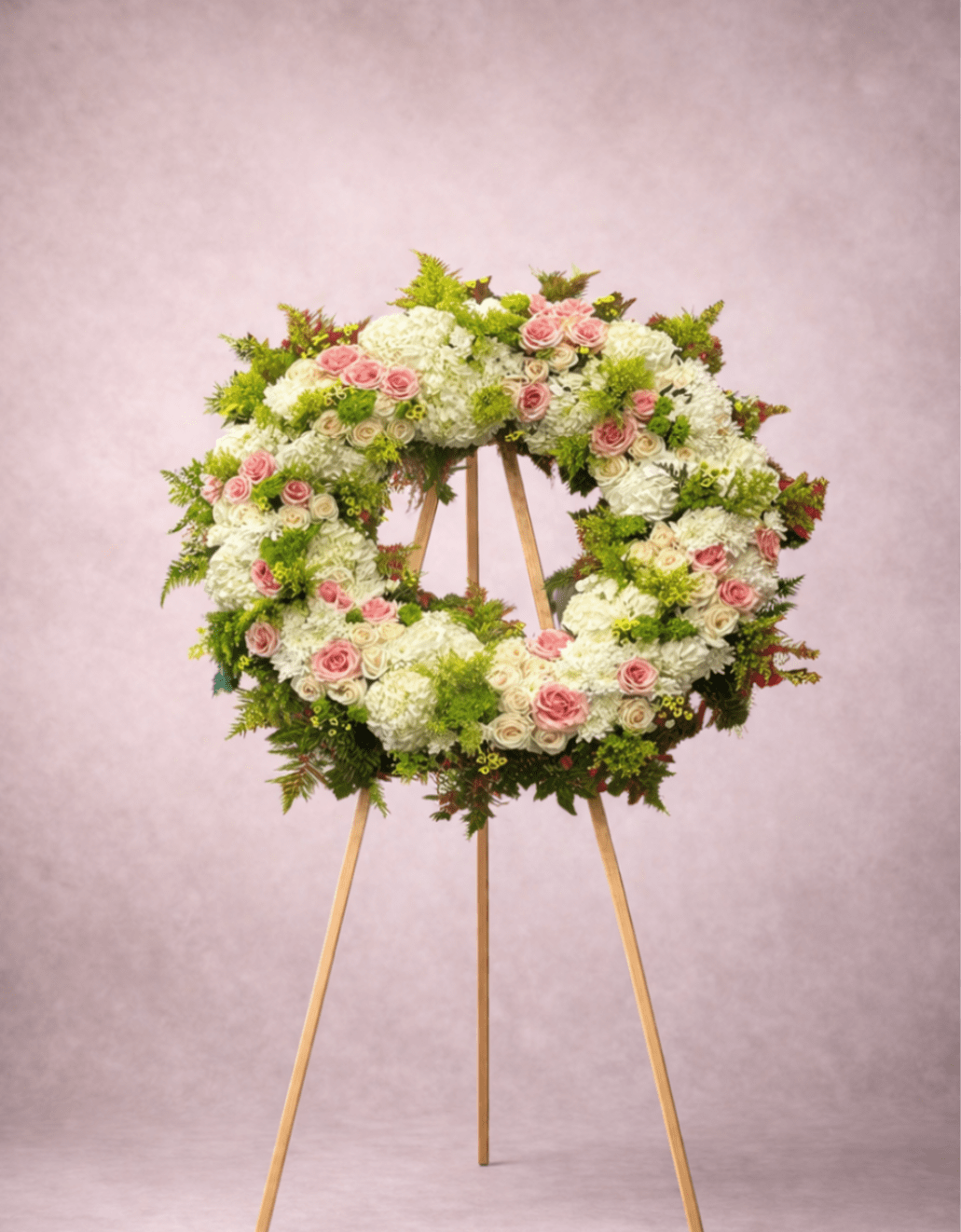 Standing wreath of white and pink flowers with green accents on a wooden easel.