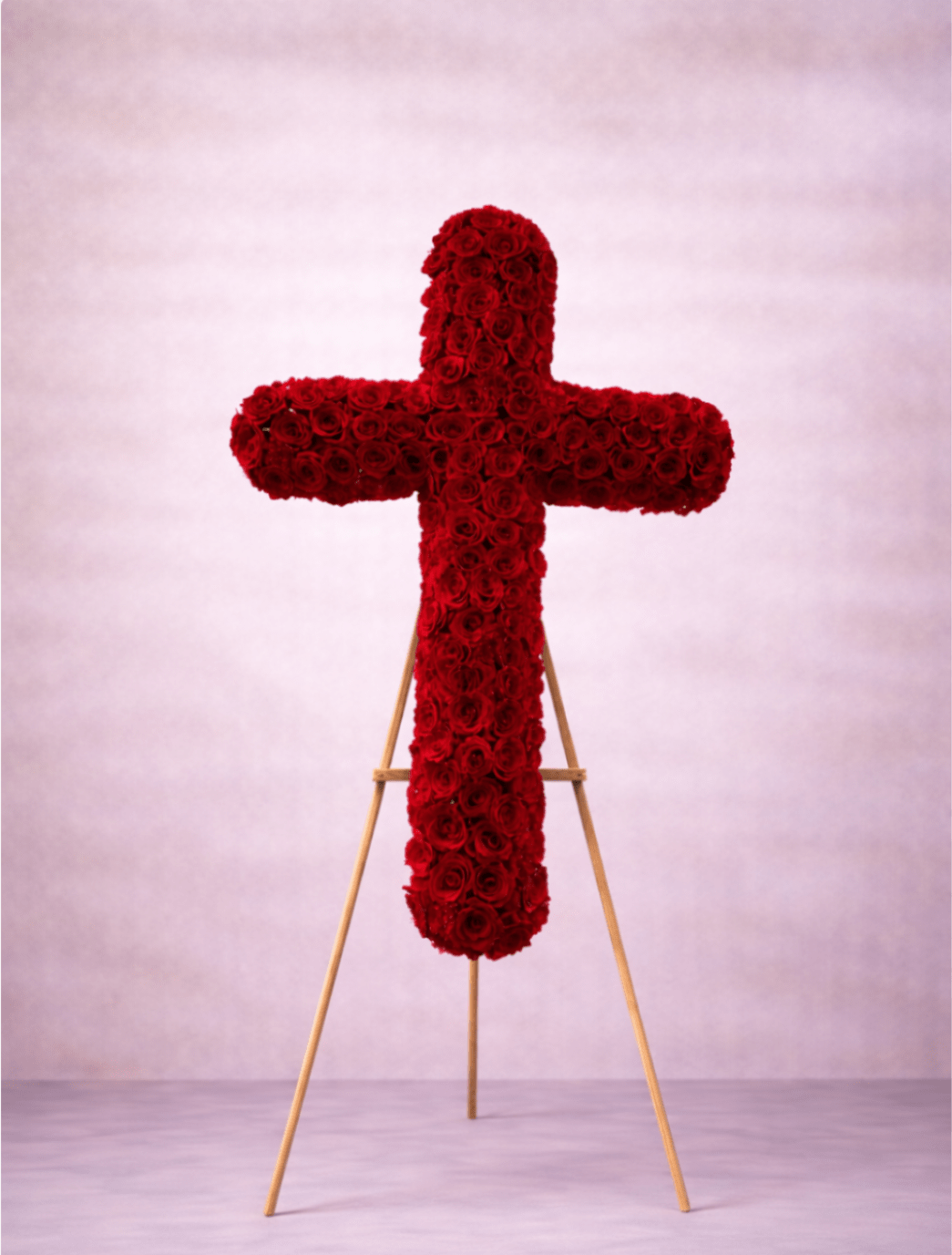 Standing cross of red roses on a wooden easel against a soft pink backdrop