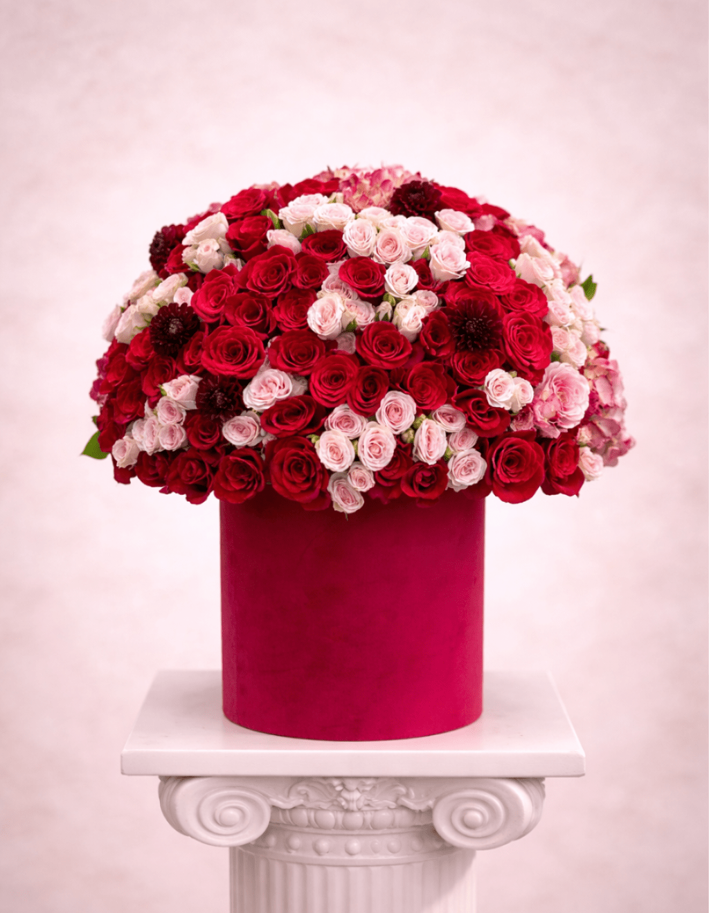 Large dome of red and pink roses in a red box