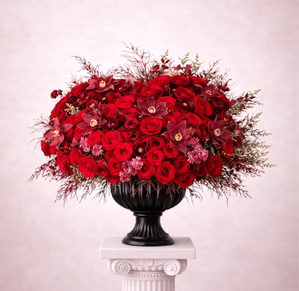 Large red rose arrangement in a black urn vase