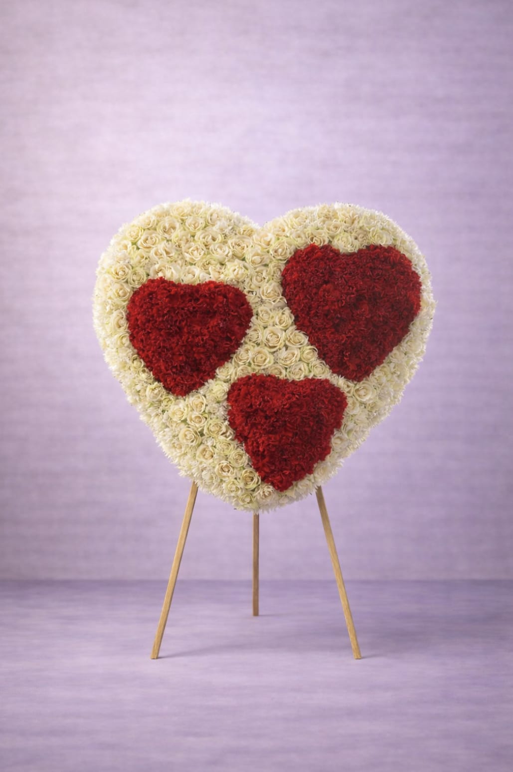 Large heart-shaped floral display of cream roses with three red heart accents on a wooden easel.