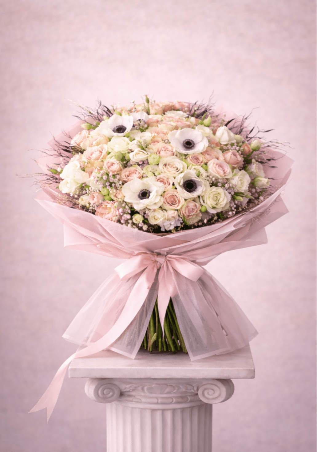 Large pastel bouquet of roses and white anemones wrapped in pink paper
