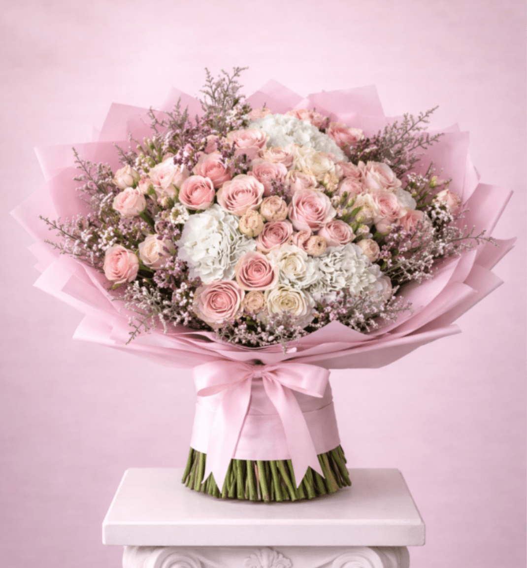 Pink and white rose bouquet wrapped in pink paper with a satin ribbon