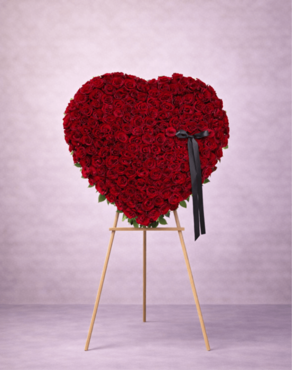 Heart-shaped standing arrangement of red roses on a wooden easel with a black ribbon bow.