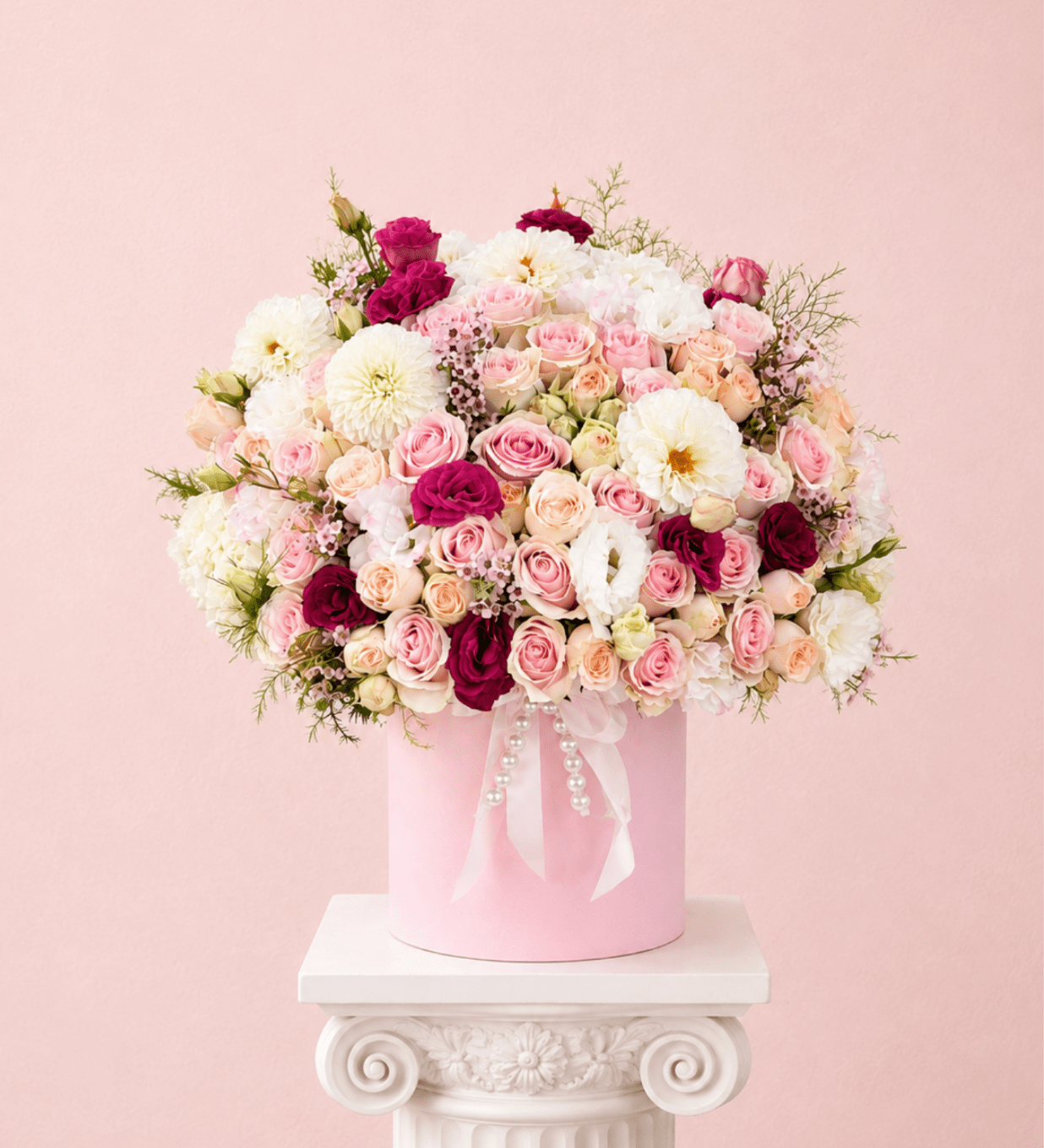 Pink and white rose bouquet in a pink hatbox with ribbon and pearls