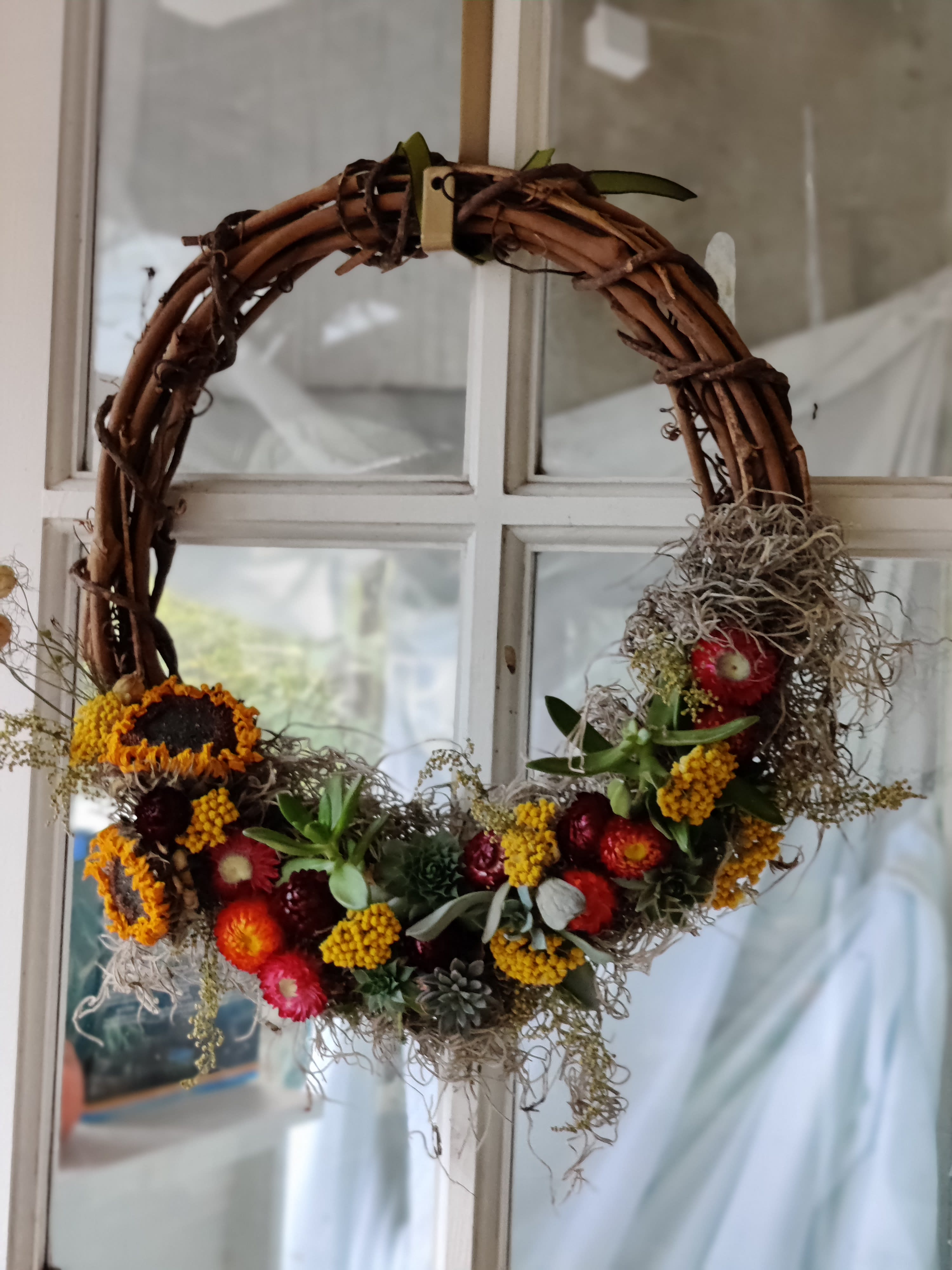 Fall Wreath - Fall wreath with mixed dried flowers including globe amaranth, strawflowers and other dried flowers.  